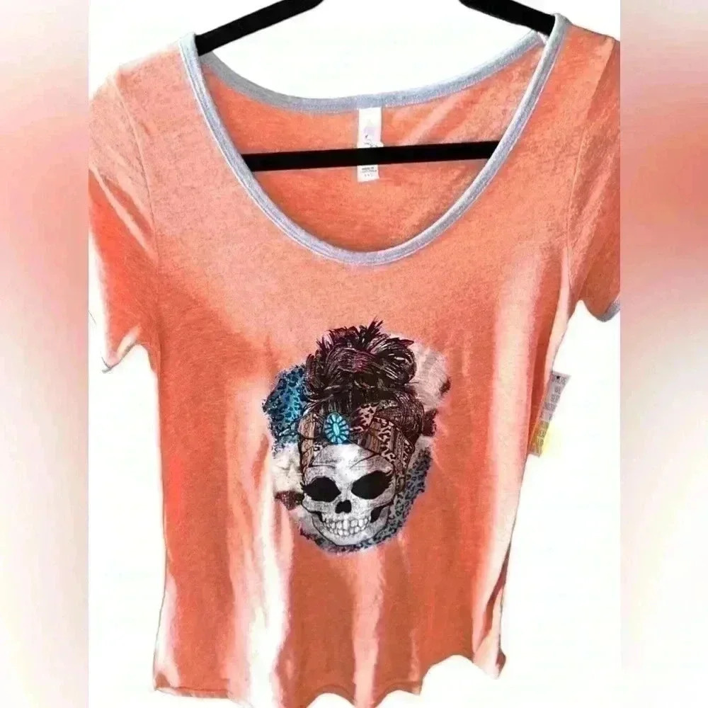 Lularoe XXS Heather orange classic t shirt bougie skeleton with‎ turquoise.
